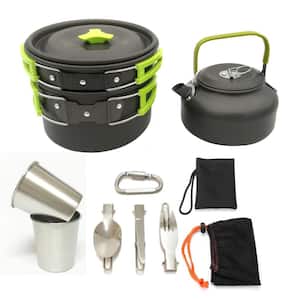 Aluminum Outdoor Set of Pots and Pans Combination Camping Cookware Set for 2-People to 3-People in Green