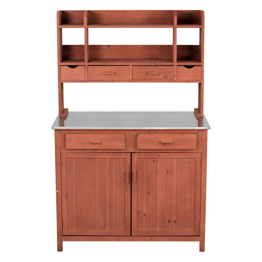 Transitional Solid Wood Outdoor Kitchen Prep Station with Stainless Steel Counter