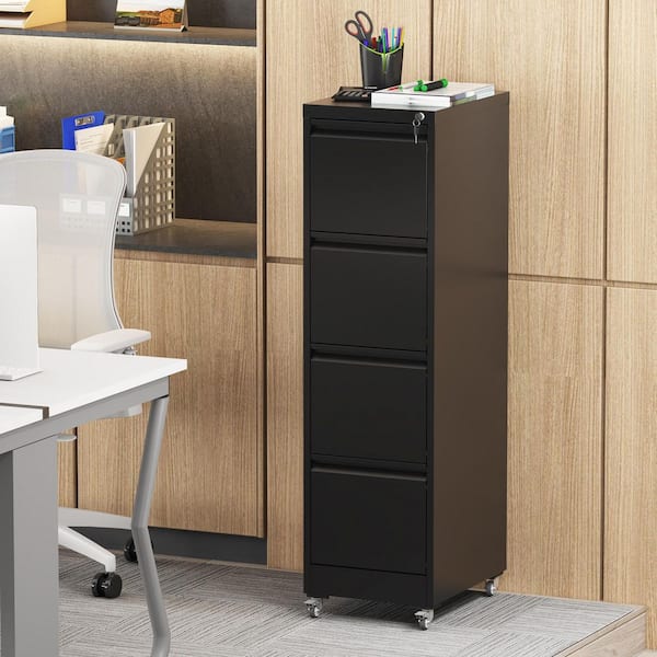 4 Drawer Black Metal 15 in. W Vertical File Cabinet on Wheels, Mobile Under Desk File Cabinet w/Lock for Letter/Legal/A4