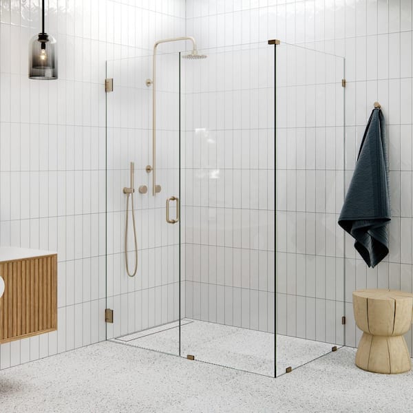 53 in. W x 37 in. D x 78 in. H Pivot Frameless Corner Shower Enclosure in Brushed Bronze Finish with Clear Glass