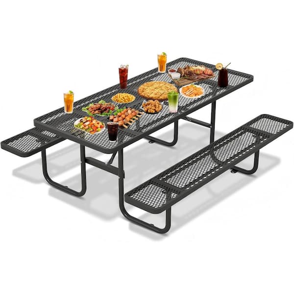 72 in Black Rectangular Outdoor Carbon Steel Picnic Table Seats 6 People with Umbrella Hole