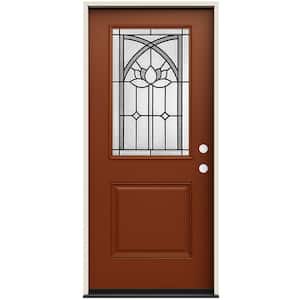 36 in. x 80 in. Left-Hand/Inswing 1/2 Lite Ardsley Decorative Glass Mesa Red Fiberglass Prehung Front Door