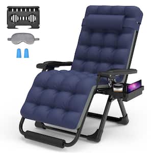 26 in. W Metal Zero Gravity Outdoor Recliner Oversized Lounge Chair with Cup Holder and Blue Cushions