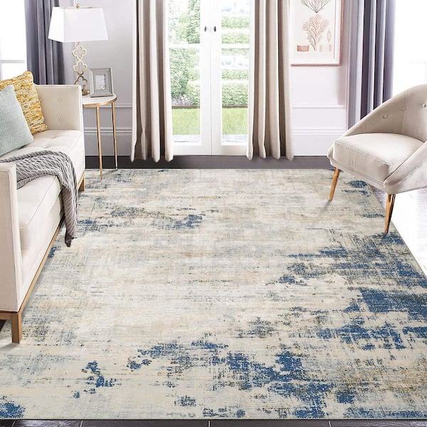 Blue Yellow 9 ft. x 12 ft.  Modern Abstract Washable Stain Resistant  Lint Free Low Pile Polyester Area Rug