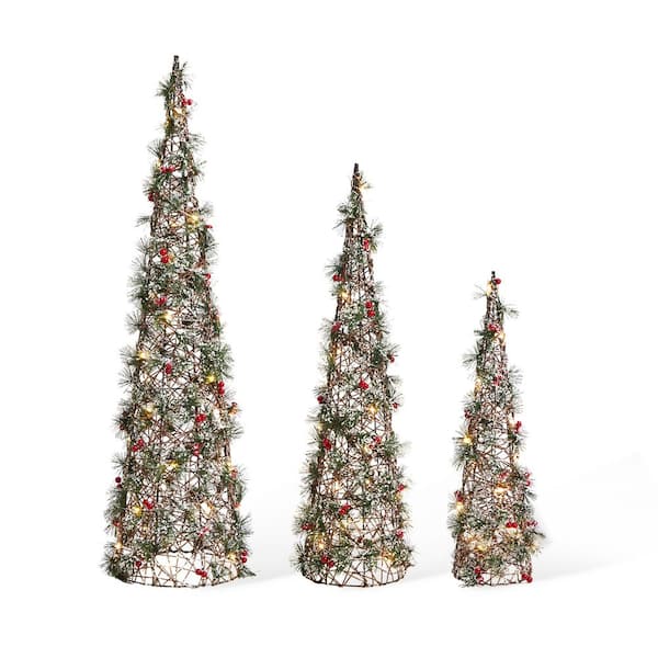 Glitzhome 39.25 in. H Lighted Christmas Plastic Cone Tree with 75 Warm White LED Lights (set of 3)