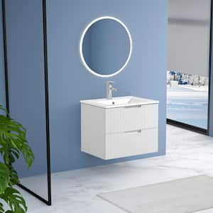 24 in. W Single Sink Floating Bath Vanity in White with White Ceramic Top and 2 Drawers