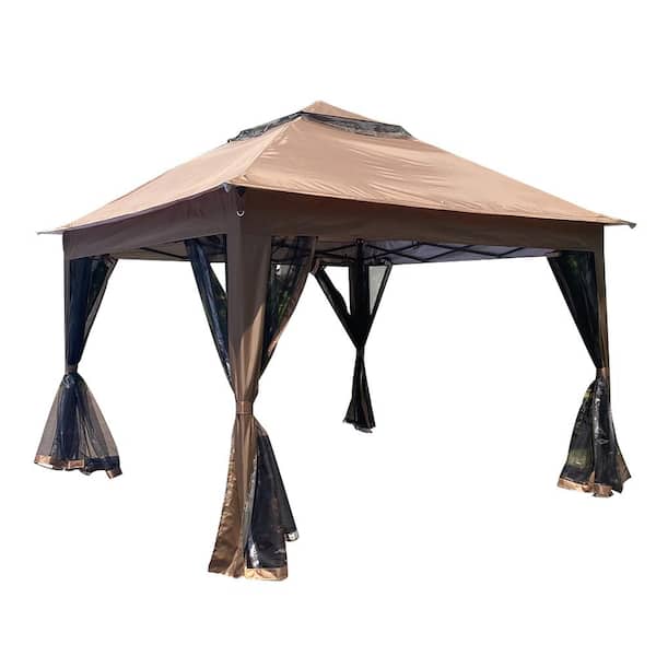 Zeus & Ruta 11 ft. x 11 ft. Brown Pop-Up Instant Gazebo Tent Outdoor Gazebo Canopy Shelter with Mosquito Netting