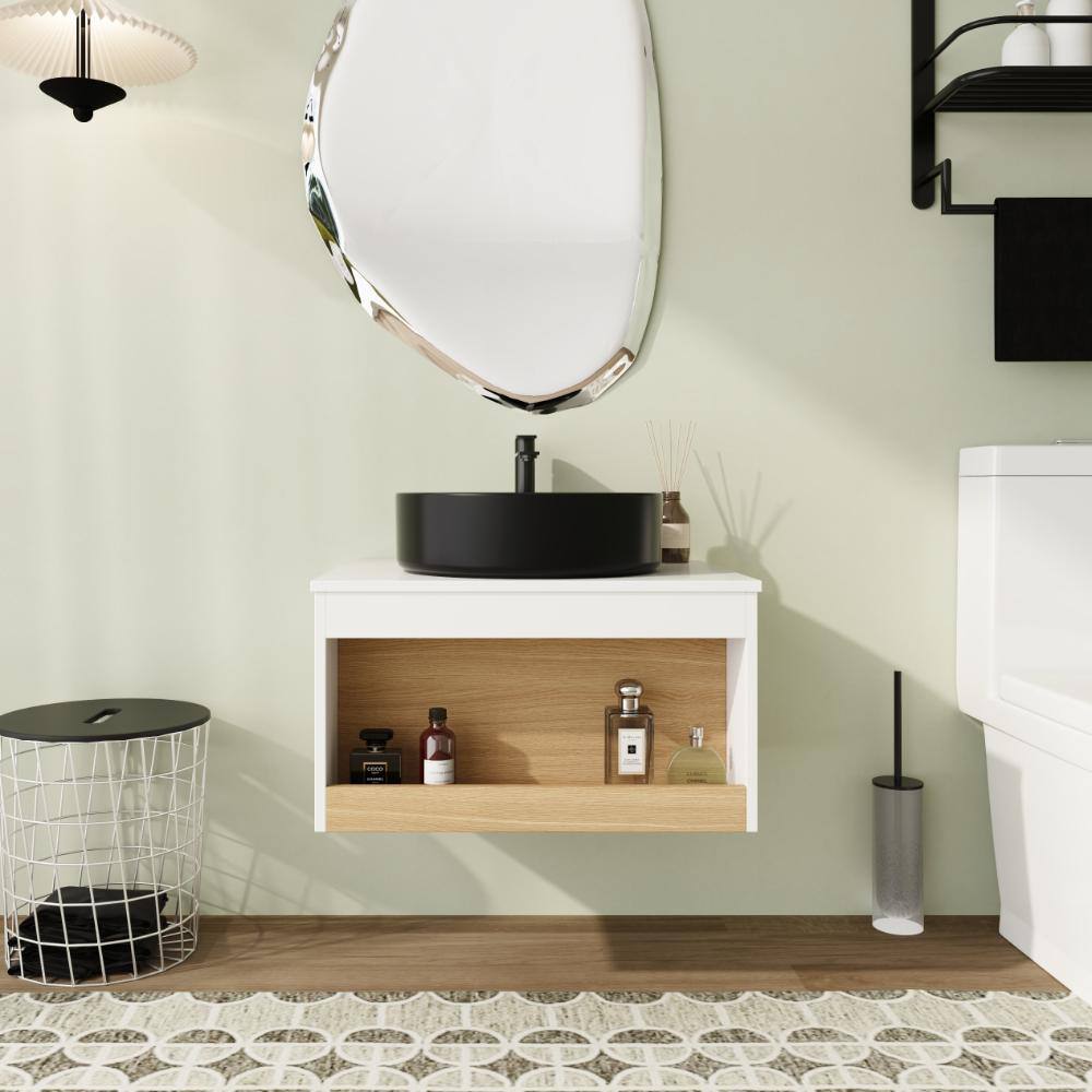24 in. Wall-Mounted Single Light Oak Bath Vanity with Black Ceramic Top Unassembled price history on PriceWatchPro