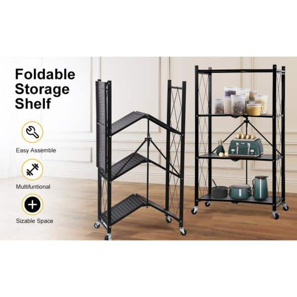 Bunpeony 4-Tier Foldable Metal Rack Storage Shelving Unit, Kitchen Shelf  with 3-Hooks ZMCT109 - The Home Depot