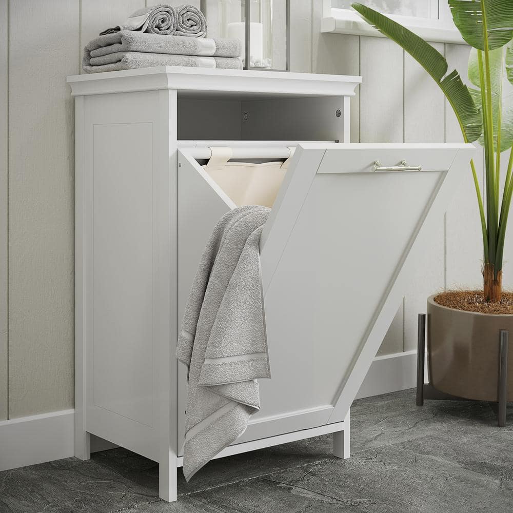 White MDF Tilt-Out Laundry Hamper Cabinet with Removable Bag