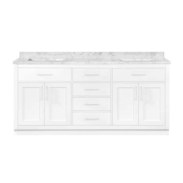 Athea 72 in. Freestanding White Bath Vanity with White Engineered Marble Top, Power Bar and Brushed Nickel Hardware