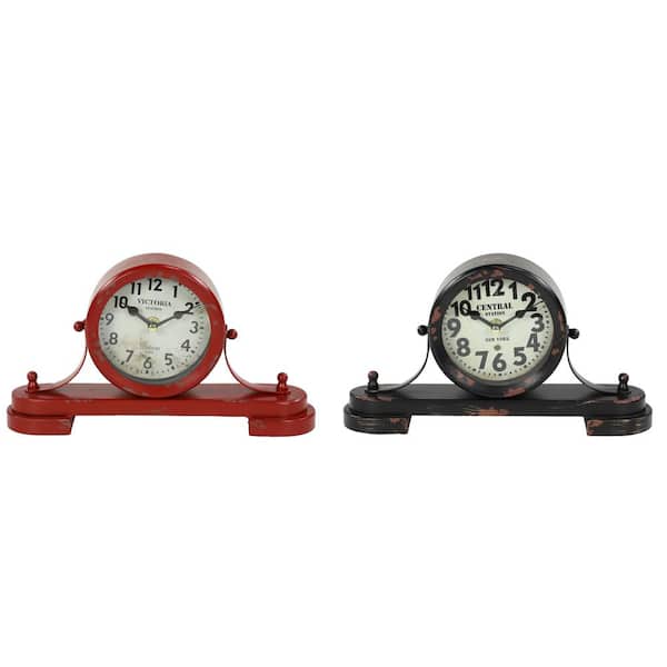 Litton Lane Red Metal Vintage Analog Tabletop Clock (Set of 2)