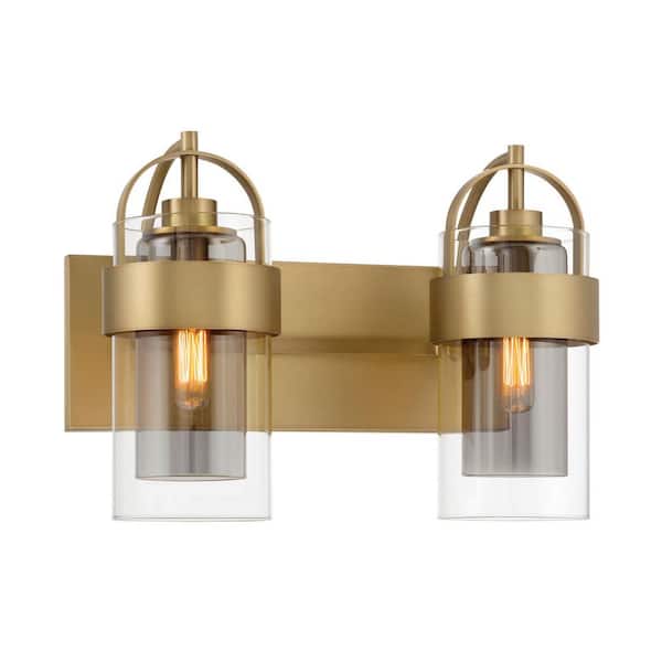 Ravik 14.25 in. 2-Light Legacy Brass Vanity Light with Clear and Grey Shades