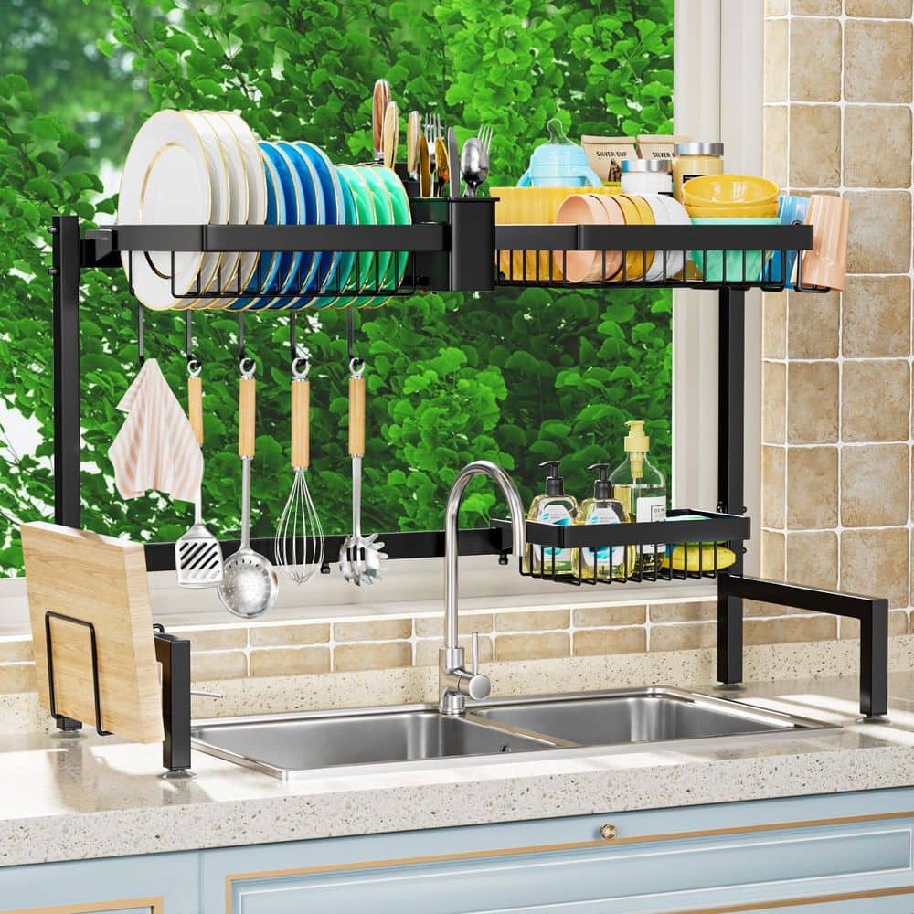 Black 2 Tier Expandable Over Sink Rack Dish Rack for Kitchen Stainless ...