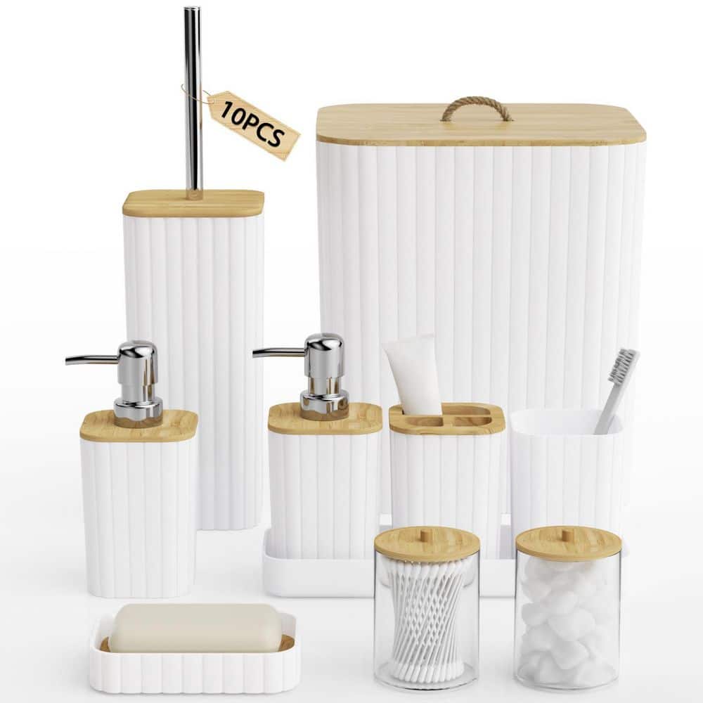 10-Piece Bathroom Accessory Set with Toilet Brush Trash Can Soap Dispenser in White for Vanity Countertop Restroom Home