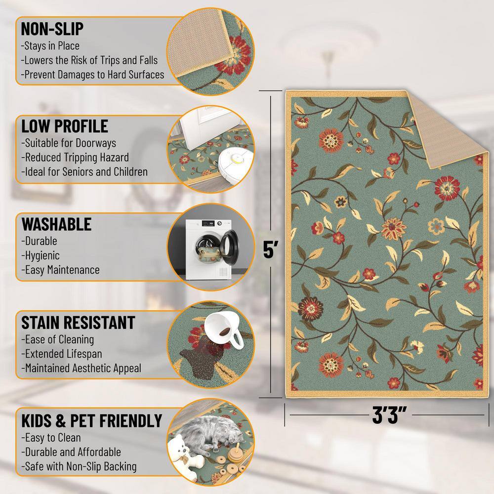 Seafoam Green Floral Non-Slip Washable Area Rug 3'3" x 5'