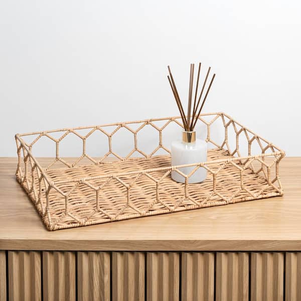 Honeycomb 19.75 in. Rustic Bohemian Hand-Woven Rattan Tray, Light Brown