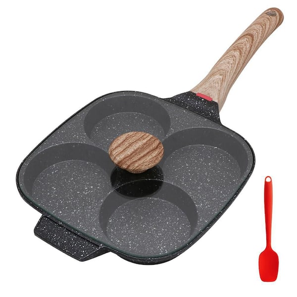 Black Aluminum Medium 3.6 in. Fried Egg Pan, Egg Frying Pan with Lid Nonstick 4 Cups Pancake Pan Aluminum Alloy Cooker
