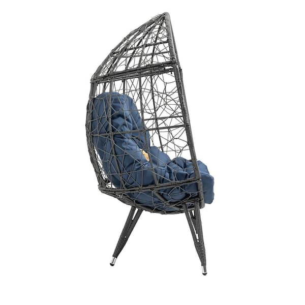 Siavonce Navy Wicker Outdoor Patio Egg Chair Indoor Basket Wicker Chair with Grey Cushion for Backyard Poolside