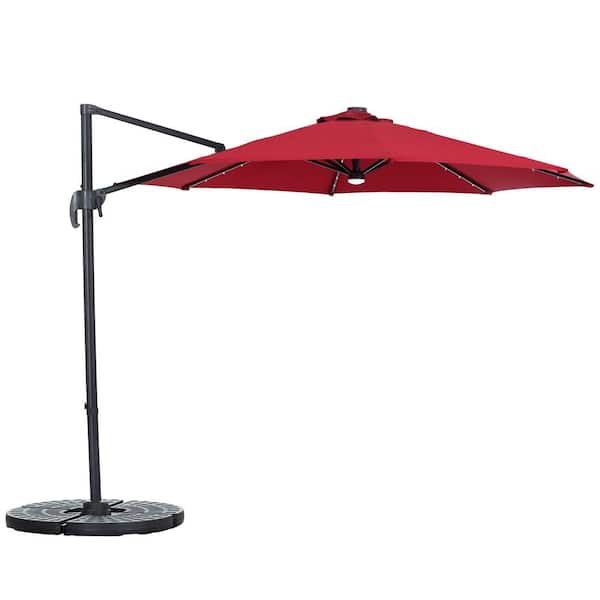 OVASTLKUY 10 ft. Solar LED Patio Cantilever Umbrella with Crank in Red