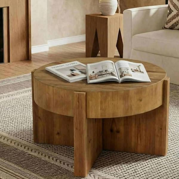 31.5 in. Rustic Brown Round Solid Wood Coffee Table with X-Shaped Legs, Center Table with Thick Tabletop for Living Room