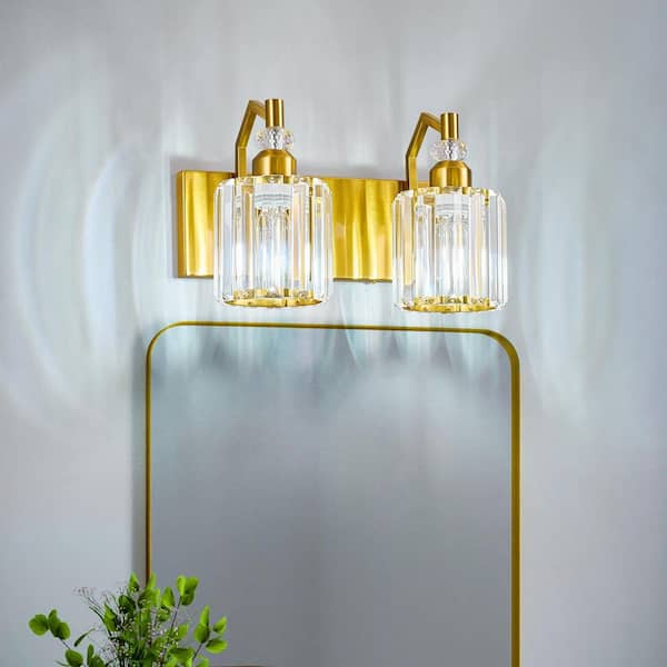 Home Lighting 12.59 in. 2-Light Gold Round Modern Crystal Vanity Lights Wall Sconces for Bathroom