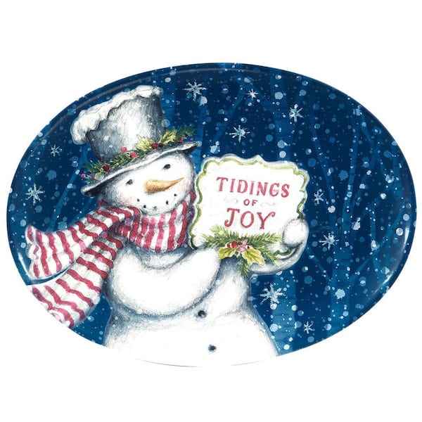 Unbranded 12 in. Multi-Colored Earthenware Snowman Greetings Oval Platter