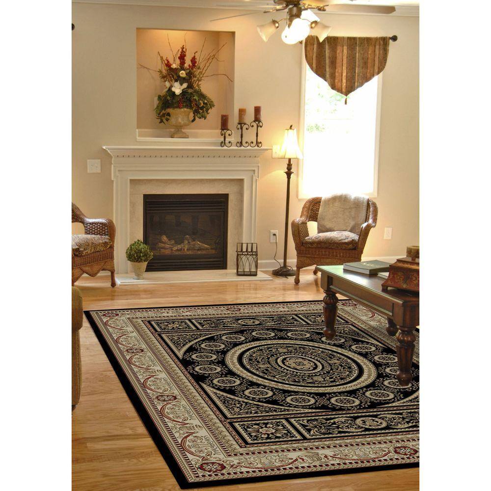 Black and Jute Medium Pile Traditional Area Rug