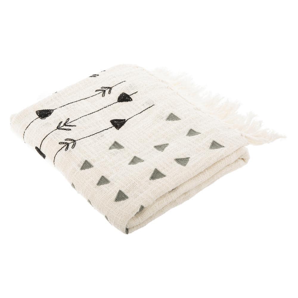 Countryside Cottage Grey and White Cotton Knitted Throw, 50" x 60"