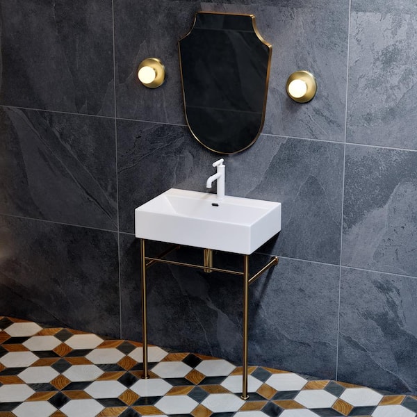 Swiss Madison Claire 24 in. Ceramic White Brushed Gold Console Sink Basin with Legs