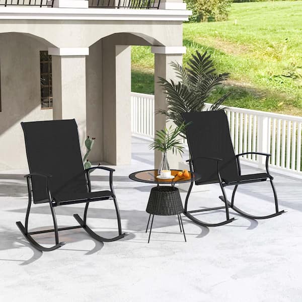 2-Pieces Metal Outdoor Rocking Chairs with Breathable Backrest Smooth Safe Rocking Design Black