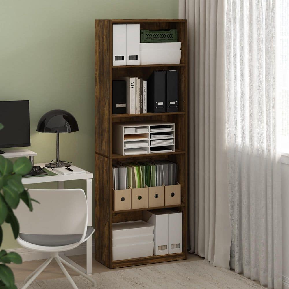 Furinno Gehry 71.42 in. Tall Amber Oak Wood 5-Shelf Bookcase