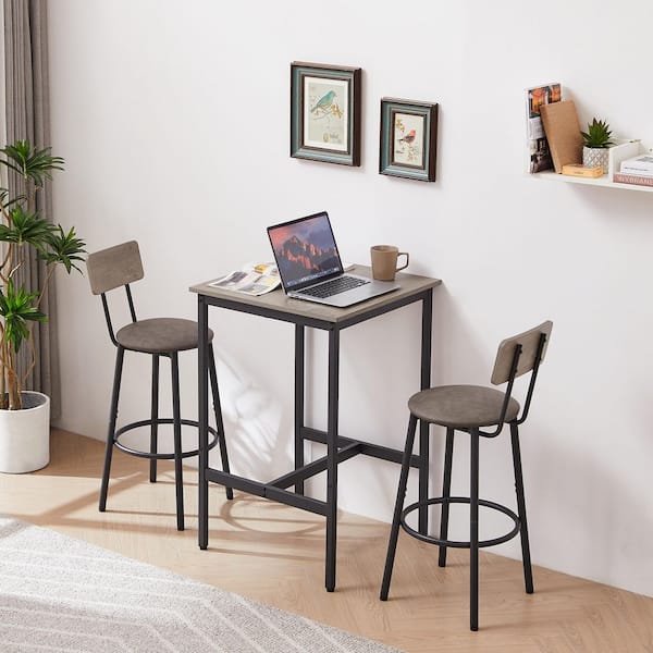 Bar Table Set, 35.8 in. H Gray Low Back Metal Frame Bar Stool with Set of 2 PU Seat (Set of 3)