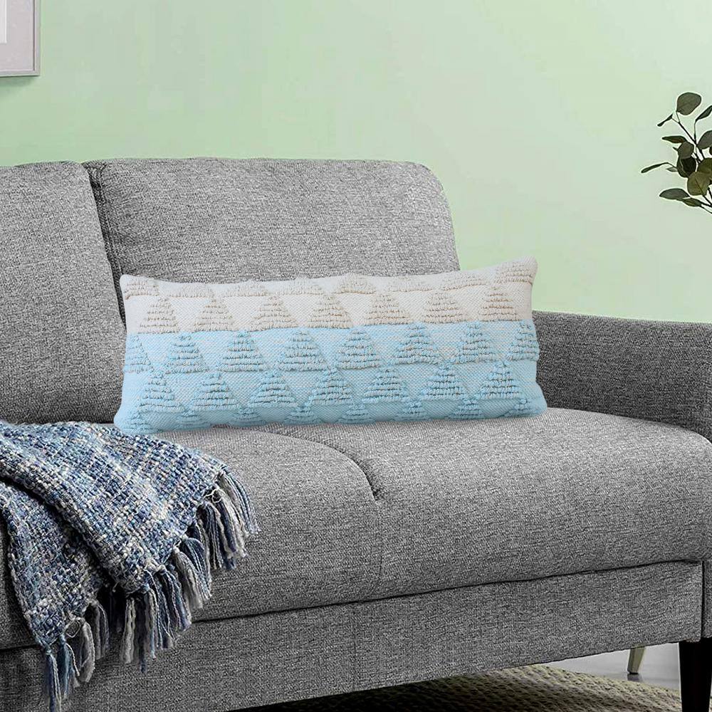 Bright Blue and Off-White Geometric Cotton Lumbar Pillow