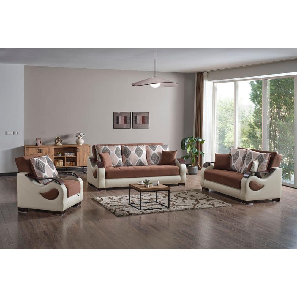 Convertible Sleeper Loveseat Futon w/ Hidden Storage & Click-Clack-Firm Support, Brown/Cream