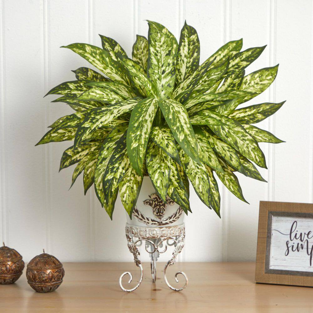 Lush Green Artificial Aglaonema in Distressed White Planter