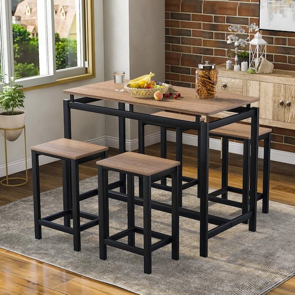 URTR 5-Piece Kitchen Counter Height Table Dining Set, Wood Top and Metal Frame Bar Table with 4 Chairs, Dark Brown