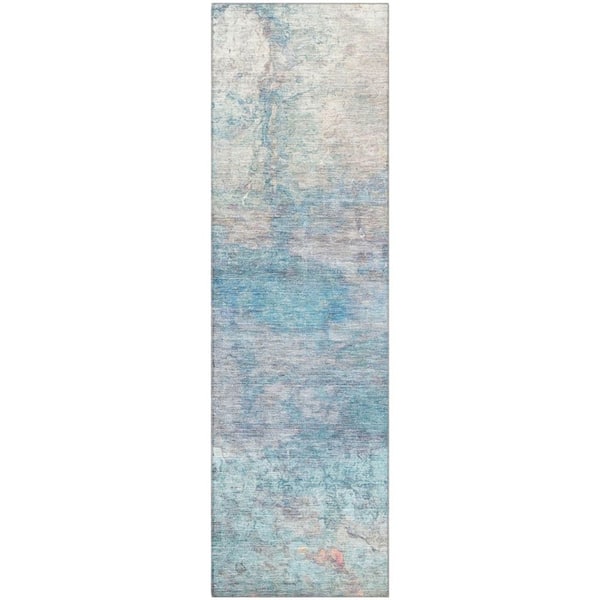 Mayfield Premium Machine Washable Abstract AMF2100 Aqua 2 ft. x 7 ft. Runner Rug