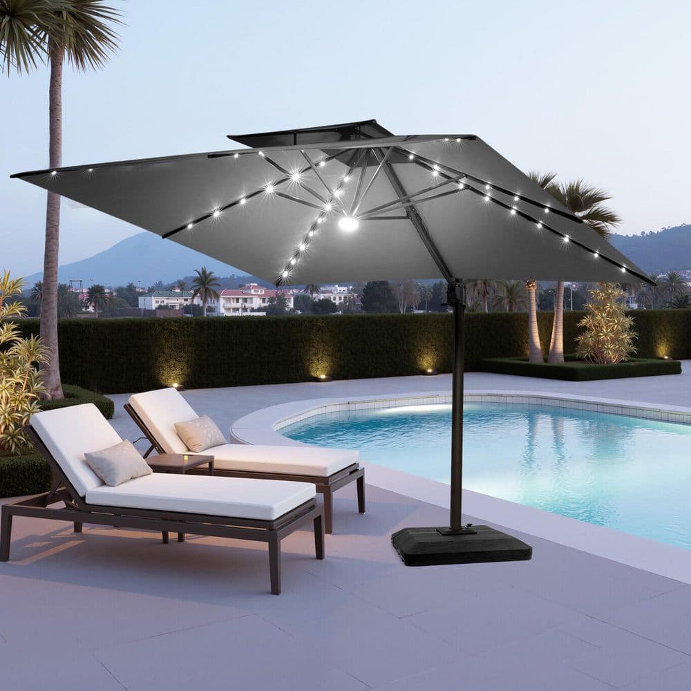 11.5 ft. Square Double-Top Outdoor Offset Patio Solar LED Lighted Cantilever Patio Umbrella in Gray with Weighted Base price history on PriceWatchPro