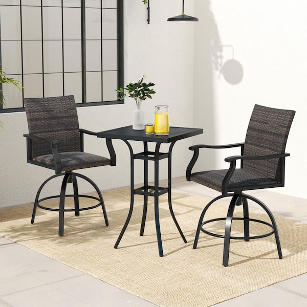 ANGELES HOME 3-Piece PE Wicker Patio Swivel Outdoor ServingServing Bar Set with Quick-Drying Foam