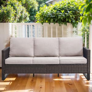 Valenta Brown Wicker Outdoor Couch with Beige Cushions