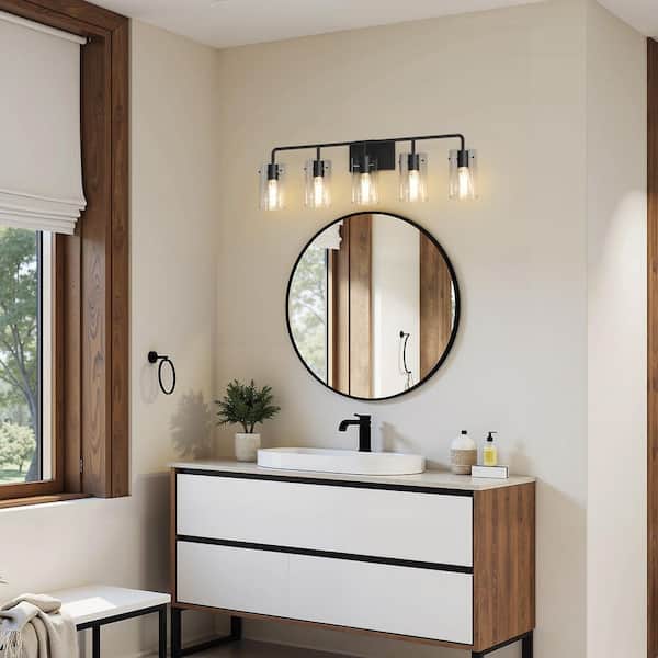 34 in. Industrial 5-Light Matte Black Farmhouse Vanity Light with Glass Shades for Bathroom