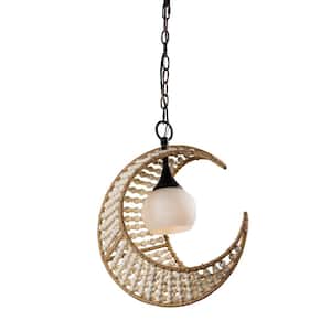 Modern 1-Light Moon Shape Weathered White Wood Beaded Pendant Light with Glass Shade for Bedroom Living Room