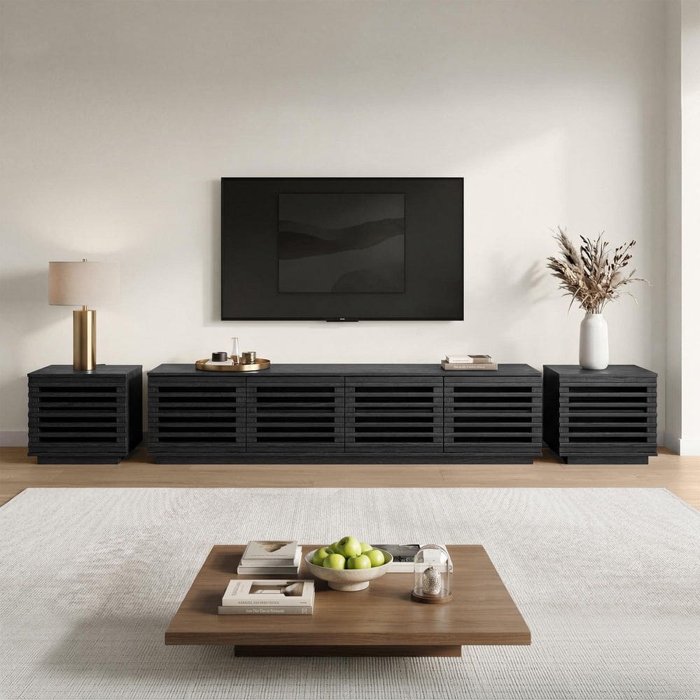 Caleo 75 in. Black LED TV Stand Set w/ Fluted Design, Modular Entertainment Center, 1 Large and 2 Side Storage Cabinets
