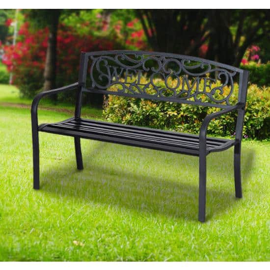 Black 50" Outdoor Metal Welcome Bench with Vine Motifs