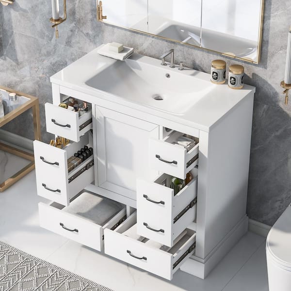 36 in. W x 18 in. D x 34 in. H Single Sink Bath Vanity in White with White Ceramic Top