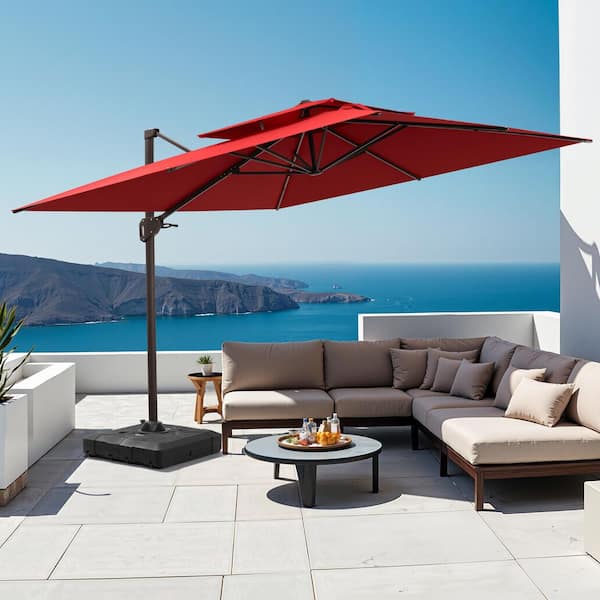 Crestlive Products 10 ft. Square Double-Top Polyester Cantilever Tilt Patio Umbrella in Red with 220 lbs. HDPE Base CL-UWB6508RED Crestlive Products 10 ft. Square Double-Top Polyester Cantilever Tilt Patio Umbrella in Red with 220 lbs. HDPE Base CL-UWB6508RED