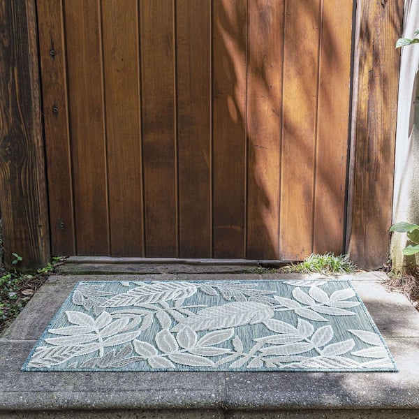 Tropic Floral Aqua 2 ft. x 3 ft. Indoor/Outdoor Area Rug