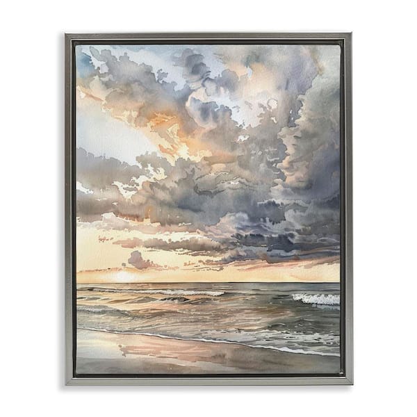 Moody Sea Cloudy View by Petal Prints Design Gray Floater Frame Nature Graphic Art Print 31 in. x 25 in.