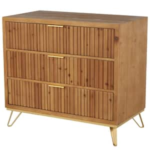 Brown 32 in. Wooden Ribbed 3 Drawers Cabinet with Gold Handles and Legs